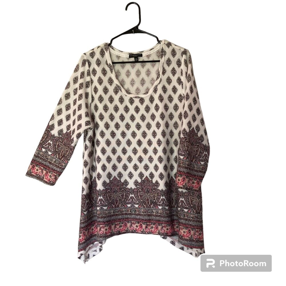 Signature Studio Womens Top 2X  Pullover Sweater Tunic Hanky Hem Paisley Casual